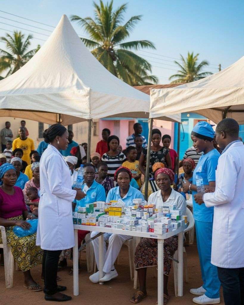 A community mental health support group session in Nigeria with a circle of participants
engaged in facilitated discussion in a community hall or outdoor space