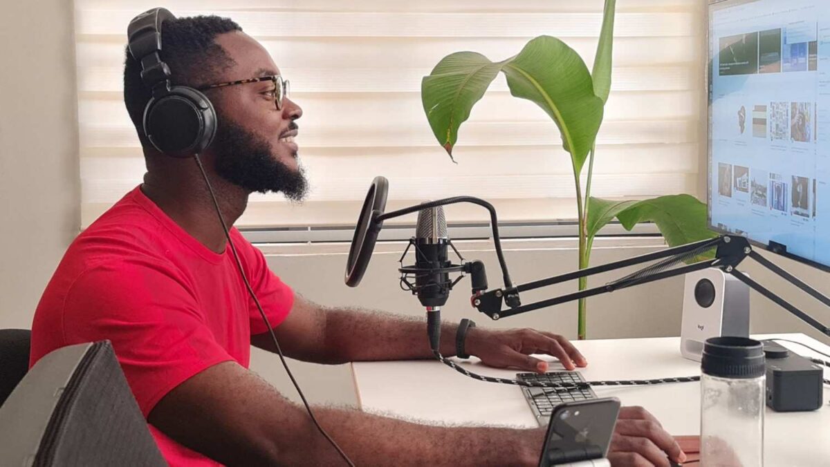  A community radio broadcaster recording a science education programme in a Nigerian 
community radio station studio
